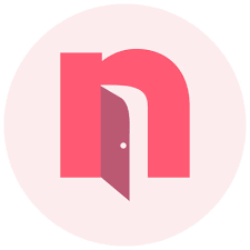 Next Door But One logo. A door opening in the gap of the letter n on a light pink circle